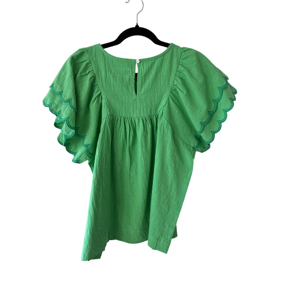 Umgee NWT Green Scalloped Sleeve Blouse Puff Sleeve Babydoll Boutique Sz M - Picture 3 of 6